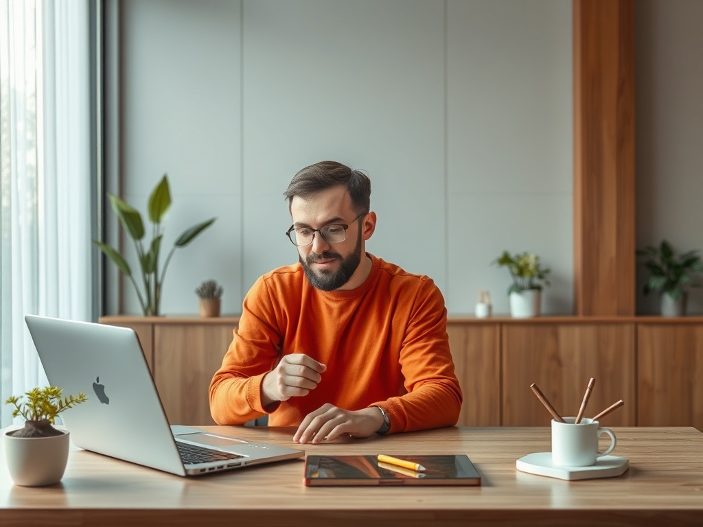 Молодой человек в оранжевом свитере работает за столом с ноутбуком и офисными принадлежностями.