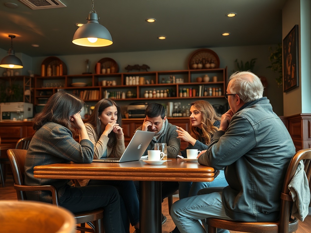 Группа людей обсуждает идеи за столом в кафе, перед ноутбуком и чашками кофе.