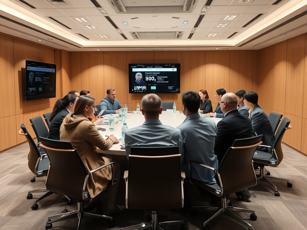 В комнате для переговоров десять человек обсуждают проект, на экране информация о количестве пользователей.