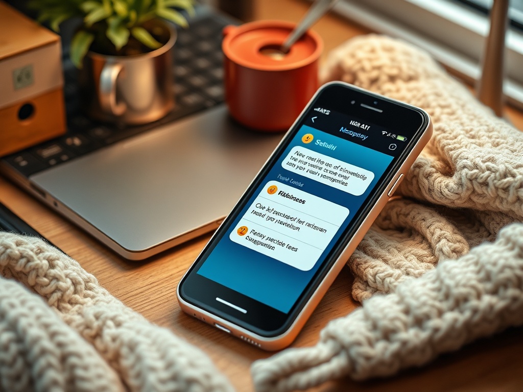 На столе лежит телефон с сообщениями, рядом лежит свитер, ноутбук и небольшой горшок с растением.