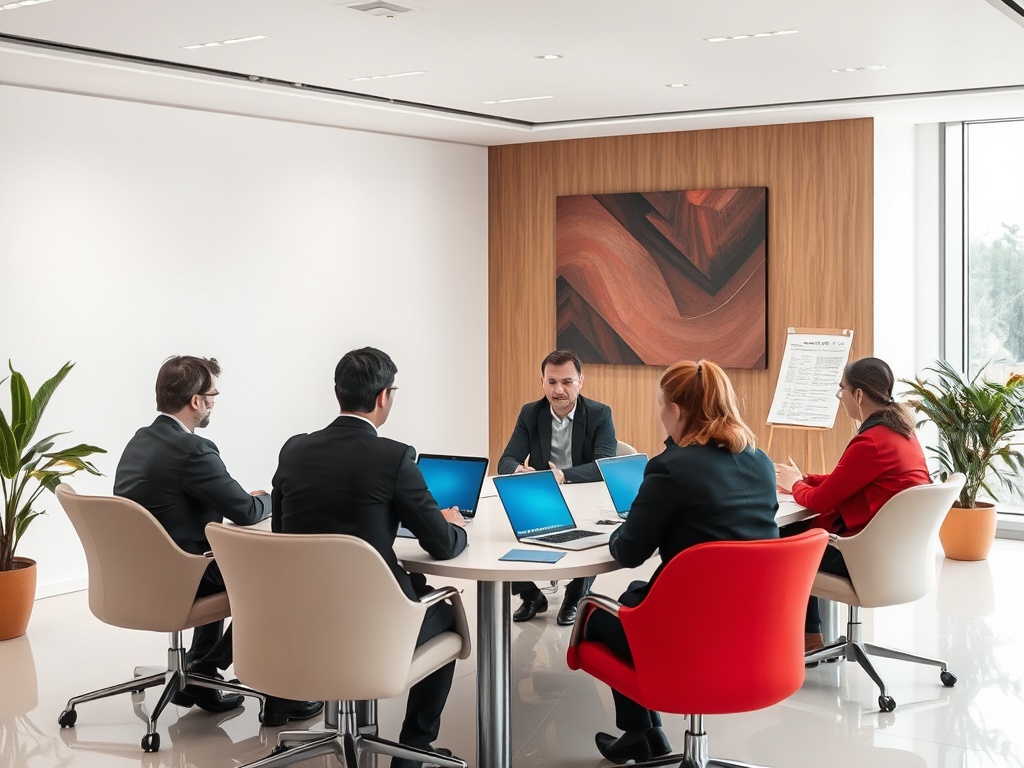 В современном офисе проходит деловая встреча с пятью участниками за круглым столом.