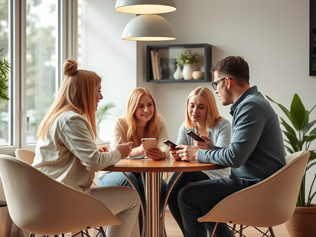 Четыре человека сидят за круглым столом, смотрят на телефоны и обсуждают что-то в светлой обстановке.