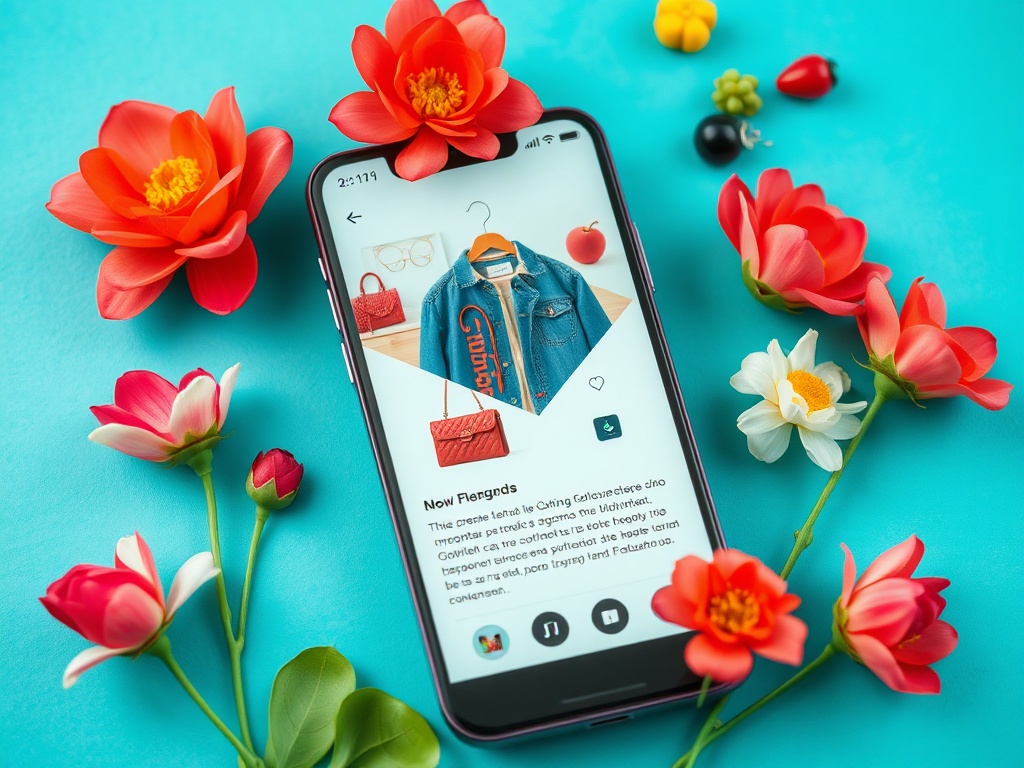 На смартфоне открыт магазин с цветами и модными аксессуарами. Яркие детали создают весеннее настроение.