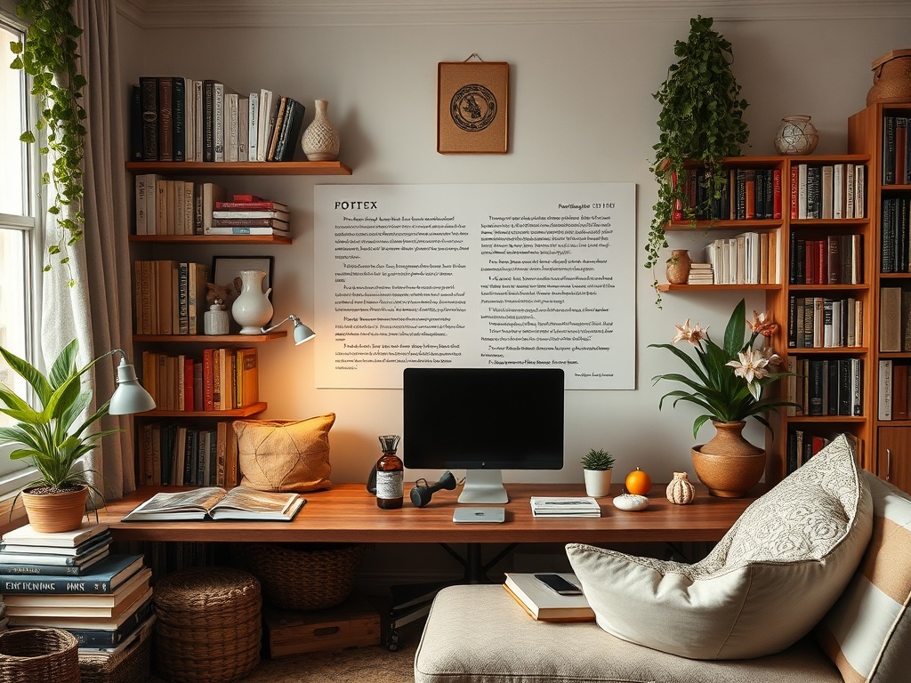 Уютный офис с книжными полками, рабочим столом, растениями и компьютером. Теплая атмосфера для творчества.