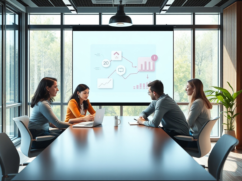 Четыре человека на деловой встрече с проектором и графиками в современном офисе. Внешний вид природы в окне.