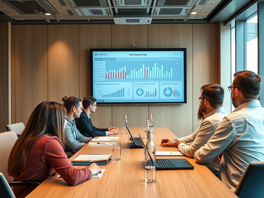 На встрече в конференц-зале группа людей обсуждает графики и данные на экране.