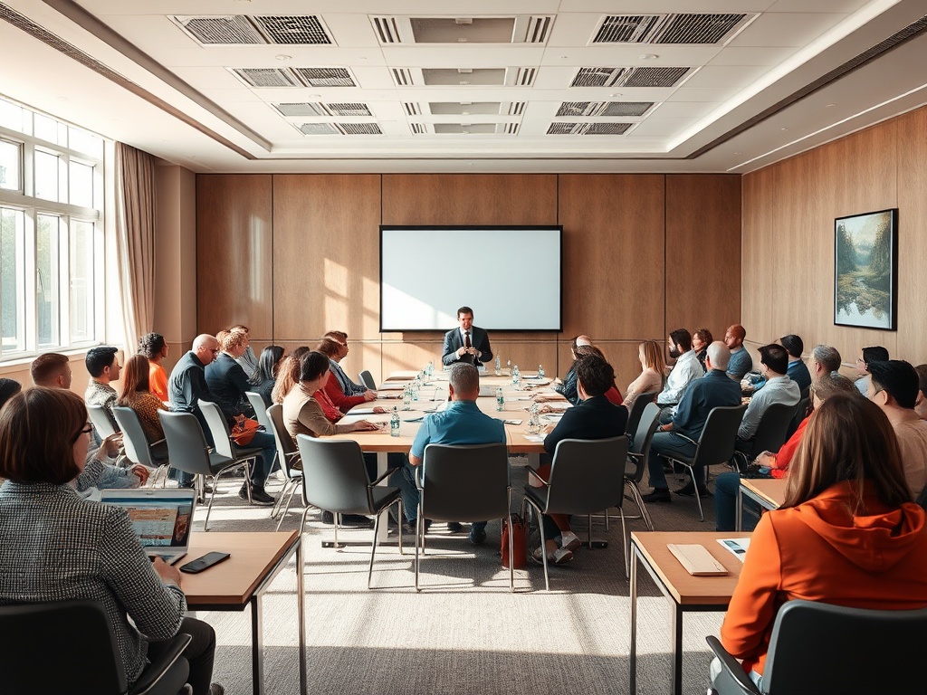 В большом конференц-зале проходит заседание, участники внимательно слушают выступающего.
