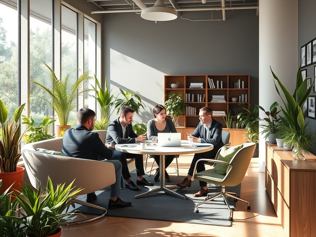 Группа людей обсуждает идеи за круглым столом в современном офисе с зелеными растениями.