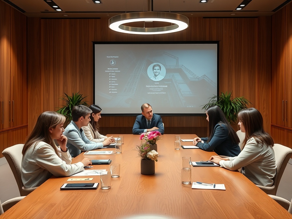 В конференц-зале группа людей обсуждает бизнес-стратегии с презентацией на экране.