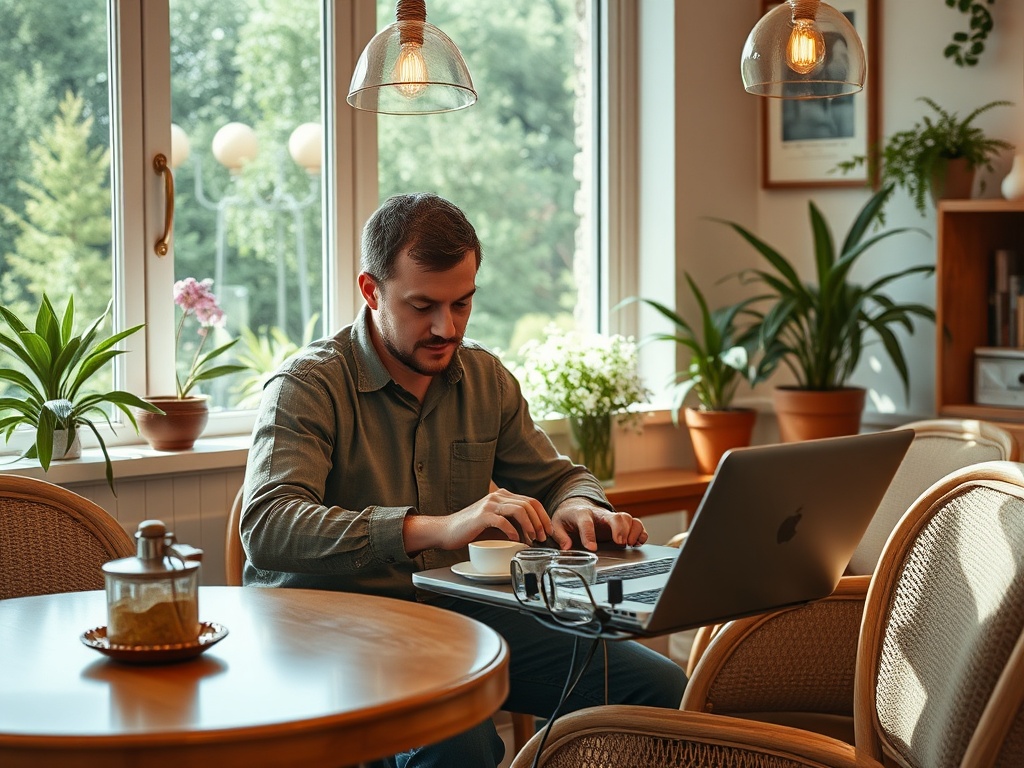 Мужчина работает за ноутбуком в уютном кафе с зелеными растениями и солнечным светом.