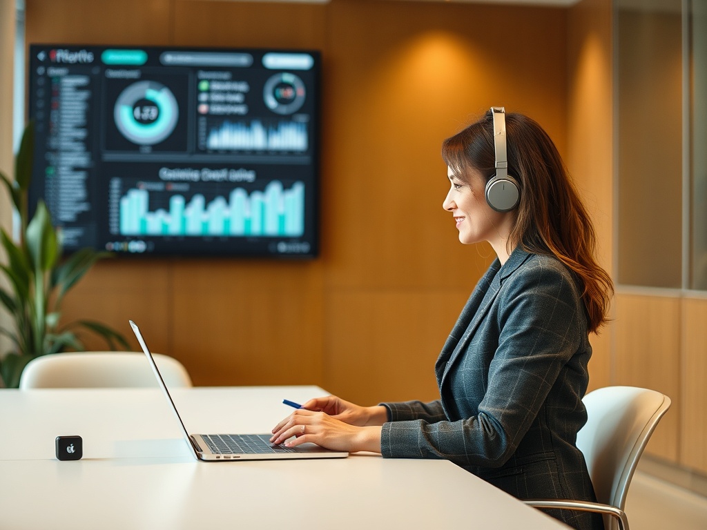 Женщина в наушниках работает за ноутбуком в современном офисе с графиками на экране.