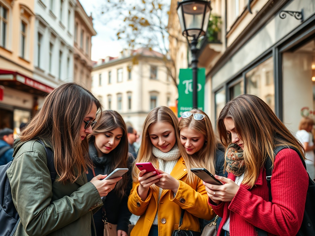 Группа девушек на улице внимательно смотрят в смартфоны, окруженные архитектурой города.