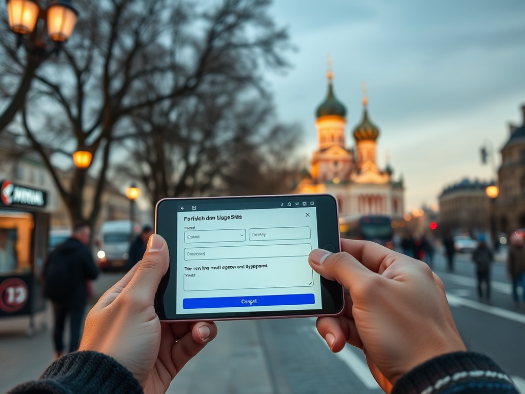 На изображении человек держит планшет с формой на фоне городской улицы и собора. Рассвет или закат.