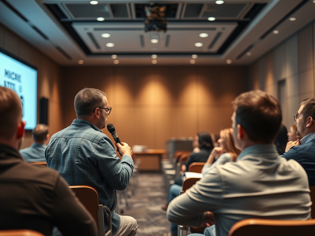 На мероприятии выступающий делится идеями с аудиторией в современном конференц-зале.