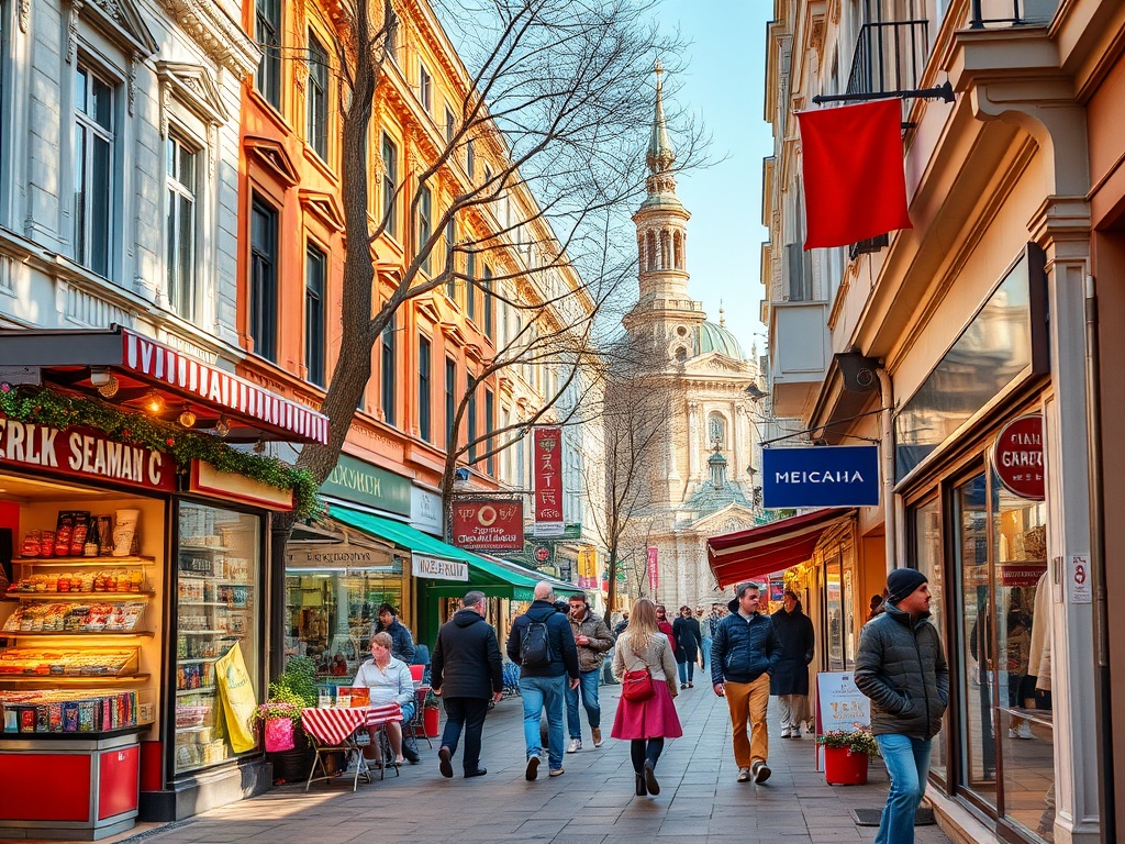 Улицы с магазинами, прохожими и храмом на фоне, яркая архитектура и уютная атмосфера.