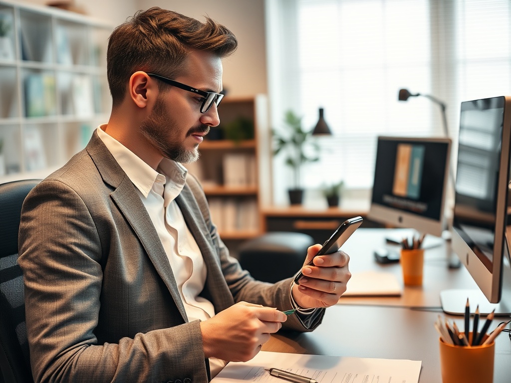 Мужчина в деловом костюме смотрит на смартфон в офисе, окружённый компьютерами и документами.