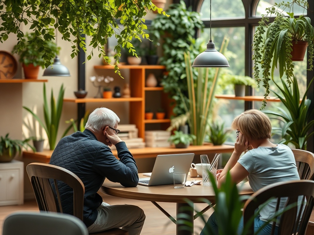 Два человека сидят за столом в зеленом офисе, работают за ноутбуком и ведут разговор по телефону.