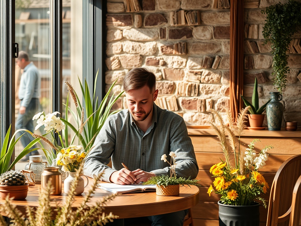 На столе сидит молодой человек, пишущий в блокнот, окружённый растениями и цветами в уютном помещении.