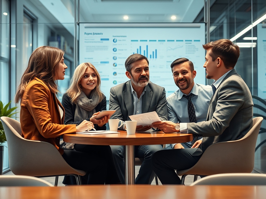 Группа людей обсуждает идеи за круглым столом в современном офисе, окруженном стеклянными стенами.