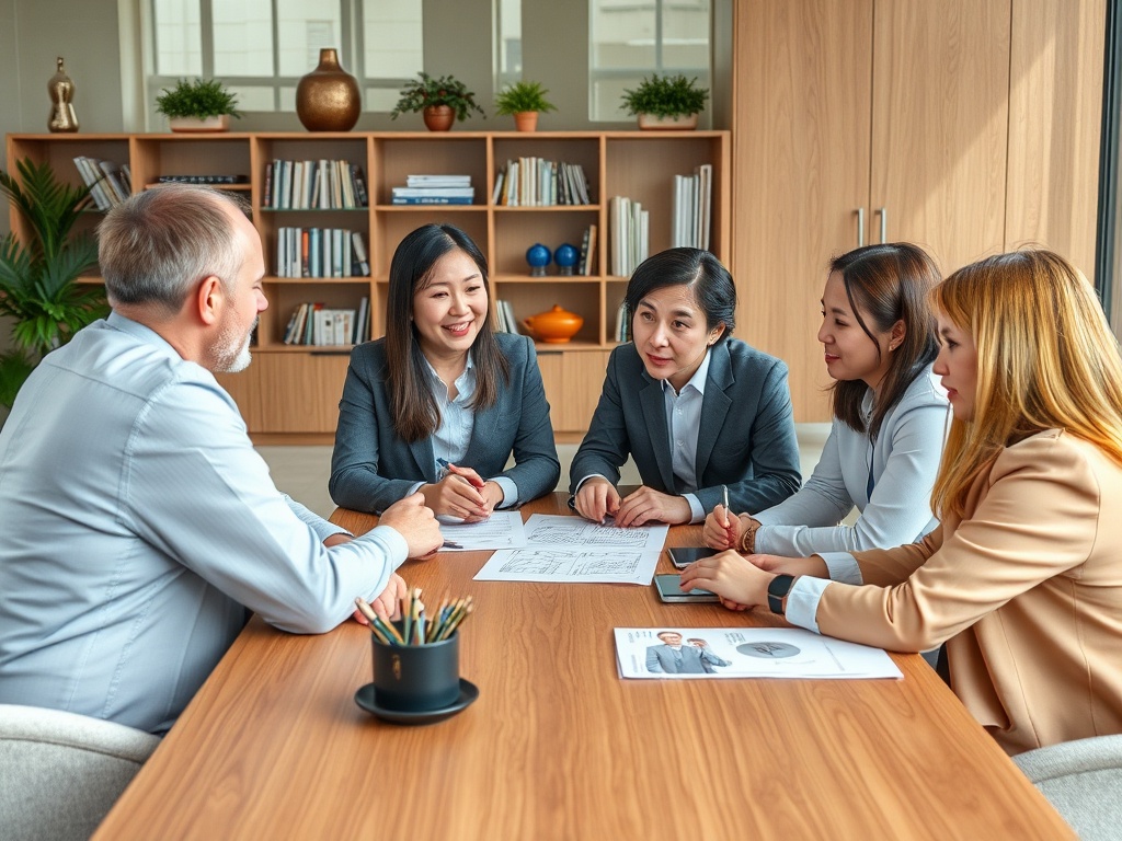Группа специалистов обсуждает проект за столом в современном офисе, смеются и обмениваются идеями.