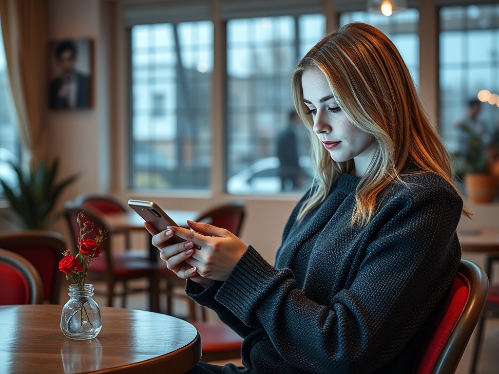 Молодая женщина с телефоном сидит в уютном кафе, рядом с ней ваза с красными цветами.