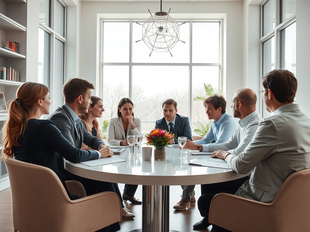 Группа людей обсуждает идеи за круглым столом в светлом офисе с большими окнами.