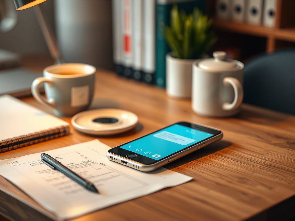 На столе лежит мобильный телефон, чашка кофе, блокнот и ручка, окруженные уютной атмосферой.