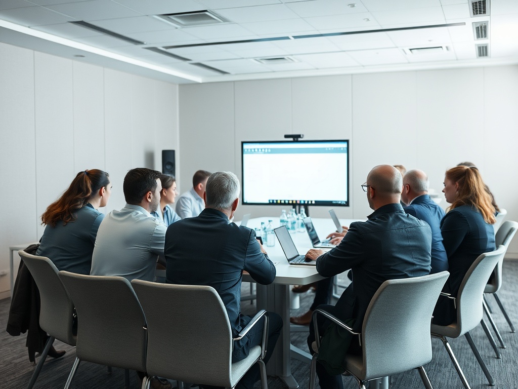 Группа людей на деловой встрече в помещении с экраном и ноутбуками, сосредоточены на обсуждении.