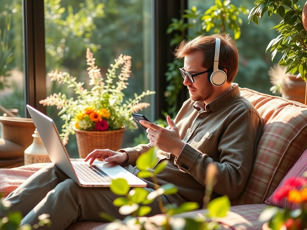 Молодой человек в наушниках сидит на диване с ноутбуком и смартфоном, окружённый зелеными растениями.