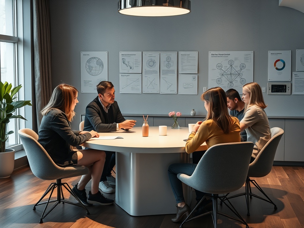 Группа людей обсуждает идеи за круглым столом в современном офисе с графиками на стенах.